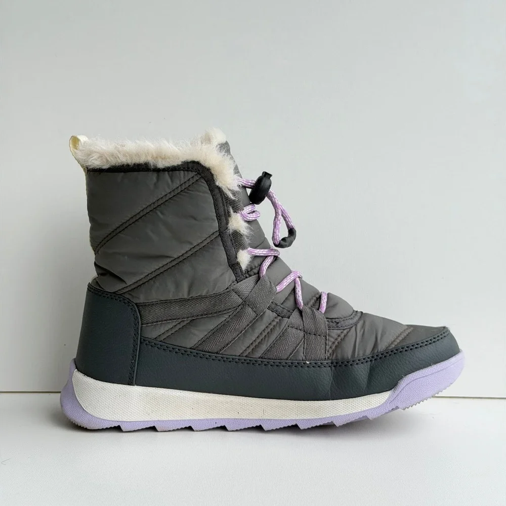 SOREL Whitney II Short Lace Boot Girls size 4 Grey Purple Waterproof Faux Fur